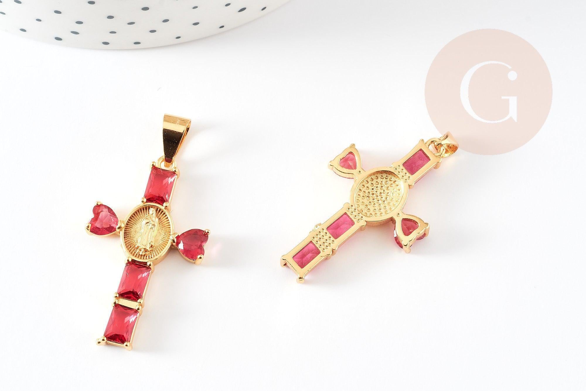 Gingerlily Pendentif grande croix dorée zircons rouges x1