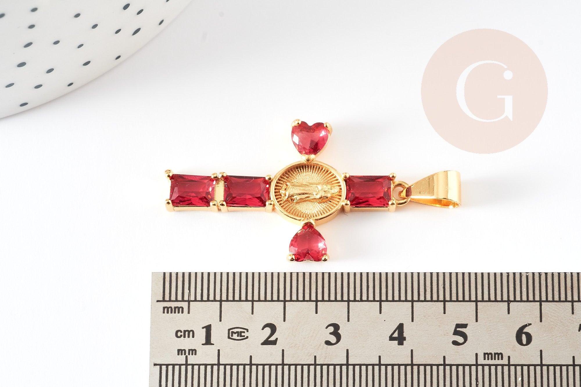 Gingerlily Pendentif grande croix dorée zircons rouges x1