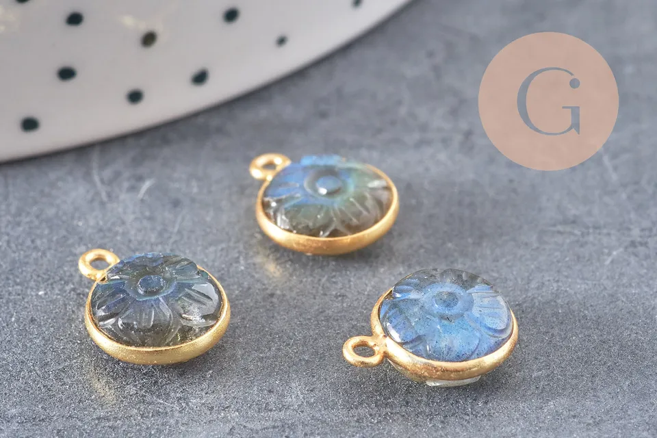 Gingerlily Pendentif labradorite G10842 rond argent 925 doré 13mm