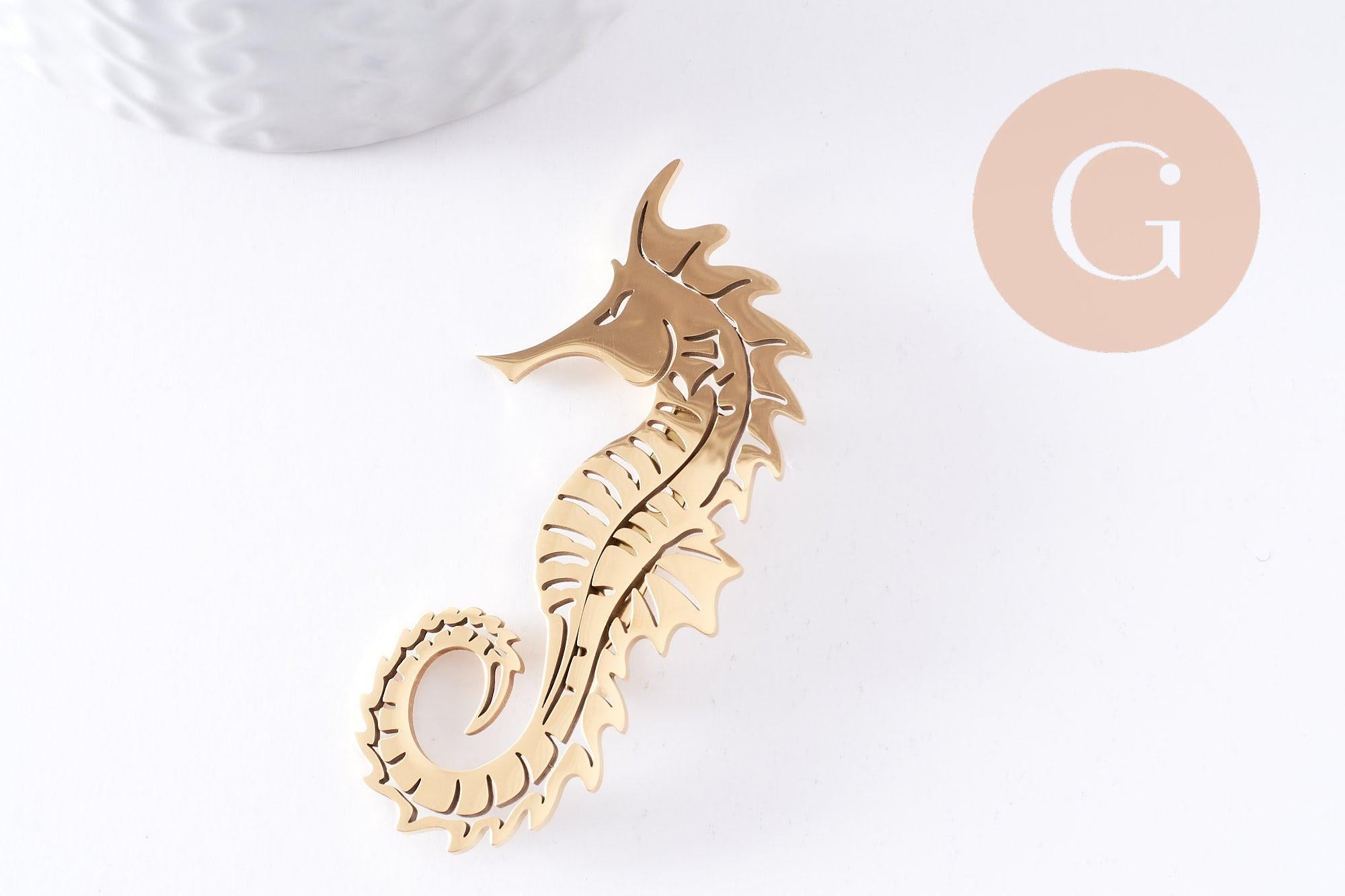 Gingerlily broche hippocampe acier doré 60mm x1