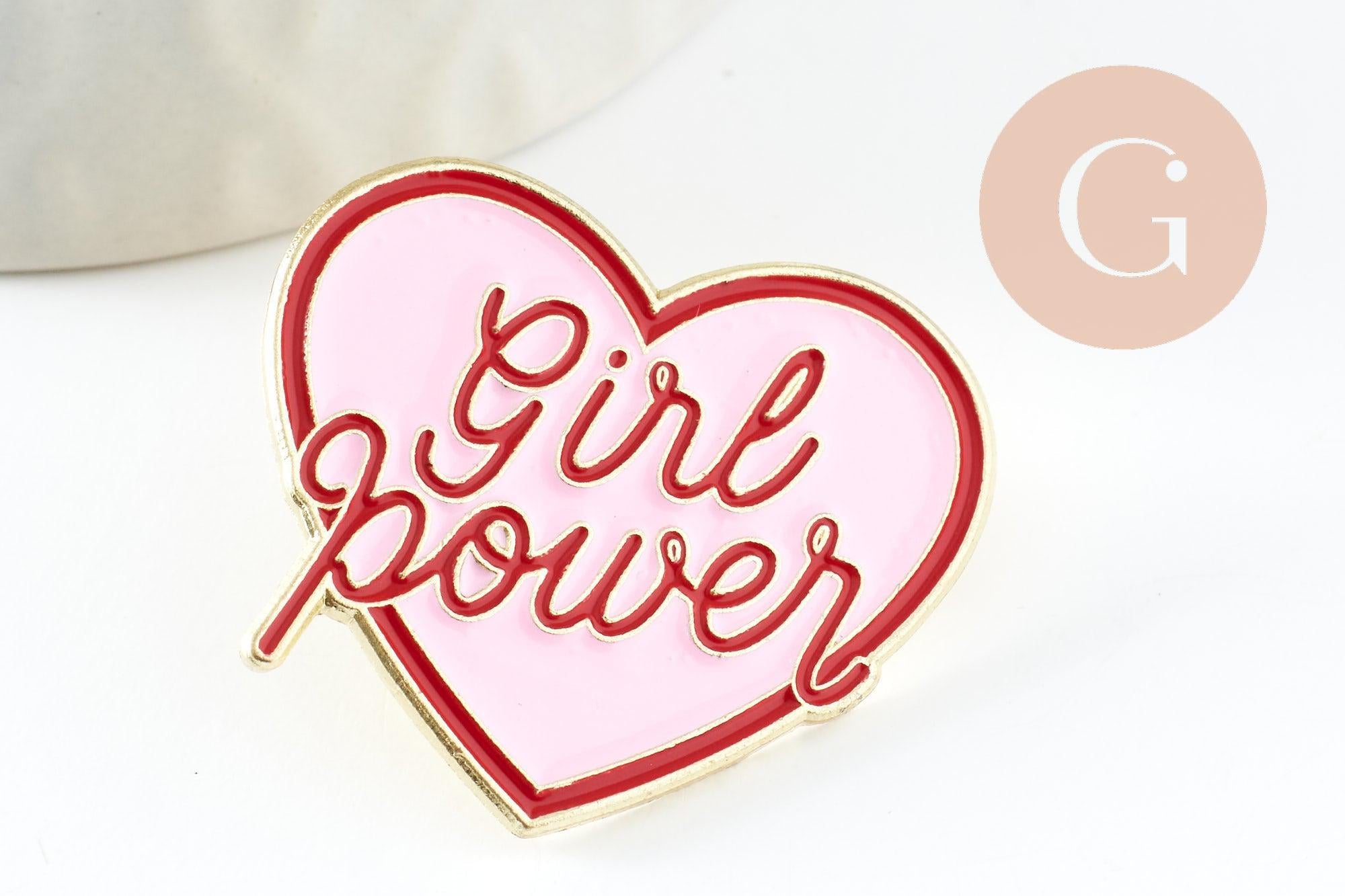 Gingerlily G9459 broche pin's coeur GIRL POWER rose 31mm