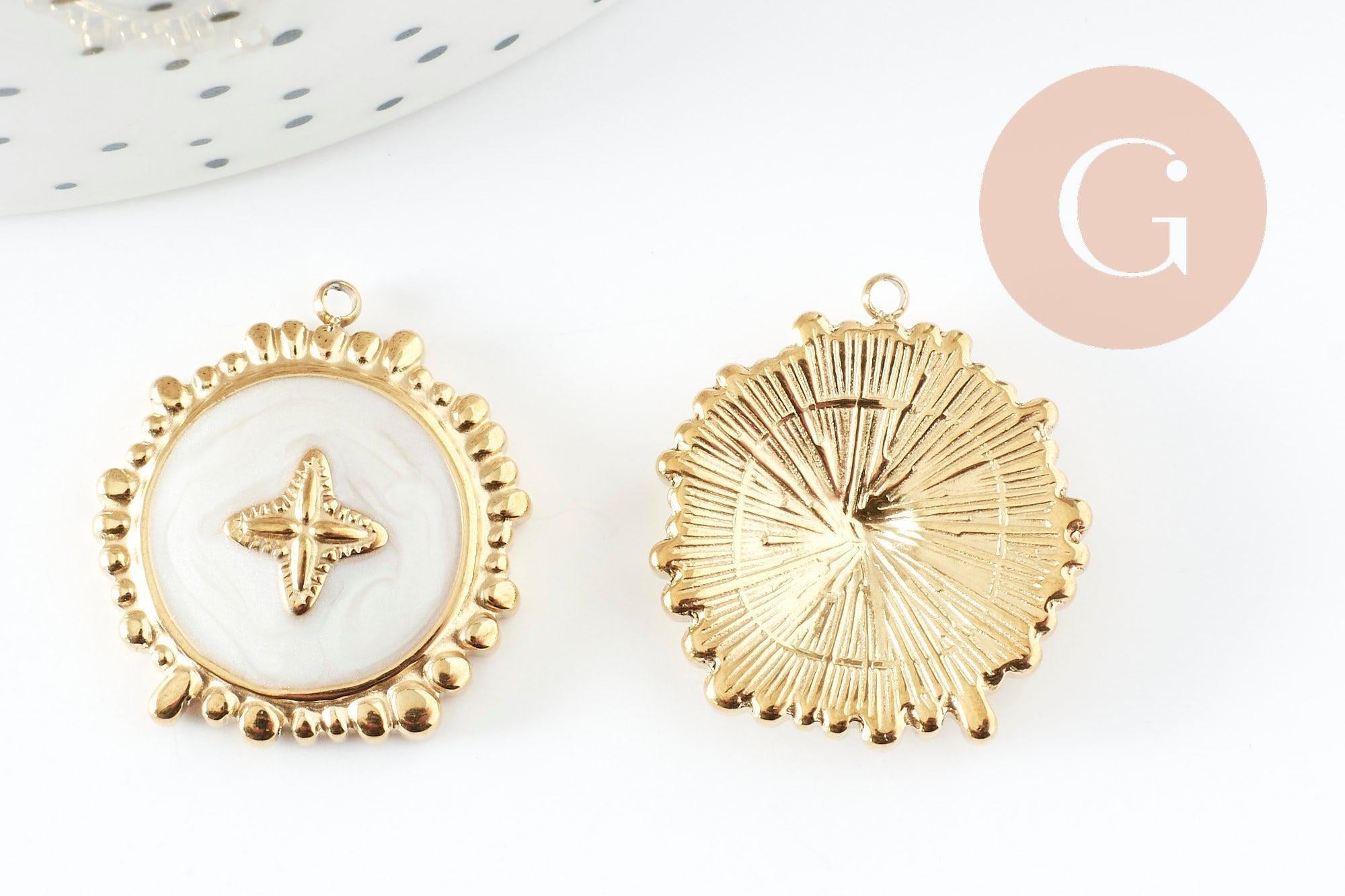 Gingerlily Pendentif rond fleur acier doré résine 23mm