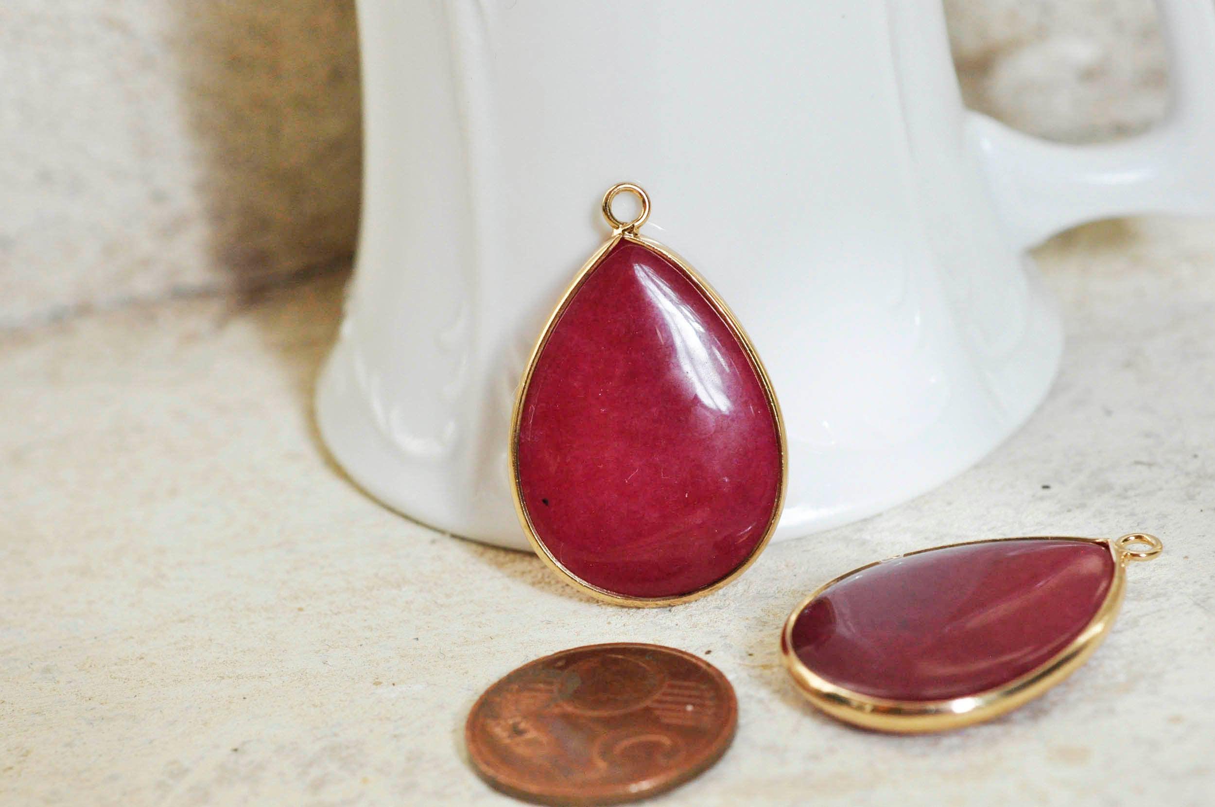 Gingerlily Pendentifs goutte jade bordeaux doré 35 mm, x1