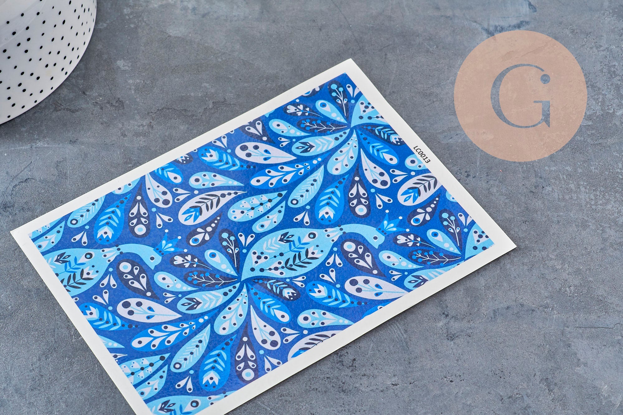 Gingerlily feuille transfert polymère bleue 14x10,5cm paons