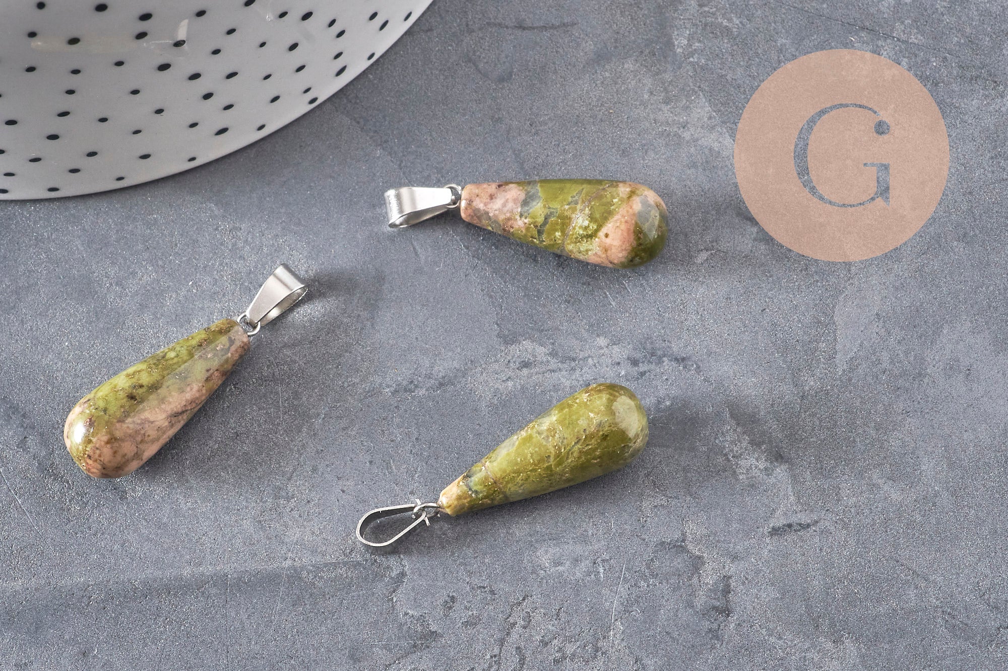 Gingerlily pendentif goutte unakite verte 28mm acier pierre DIY