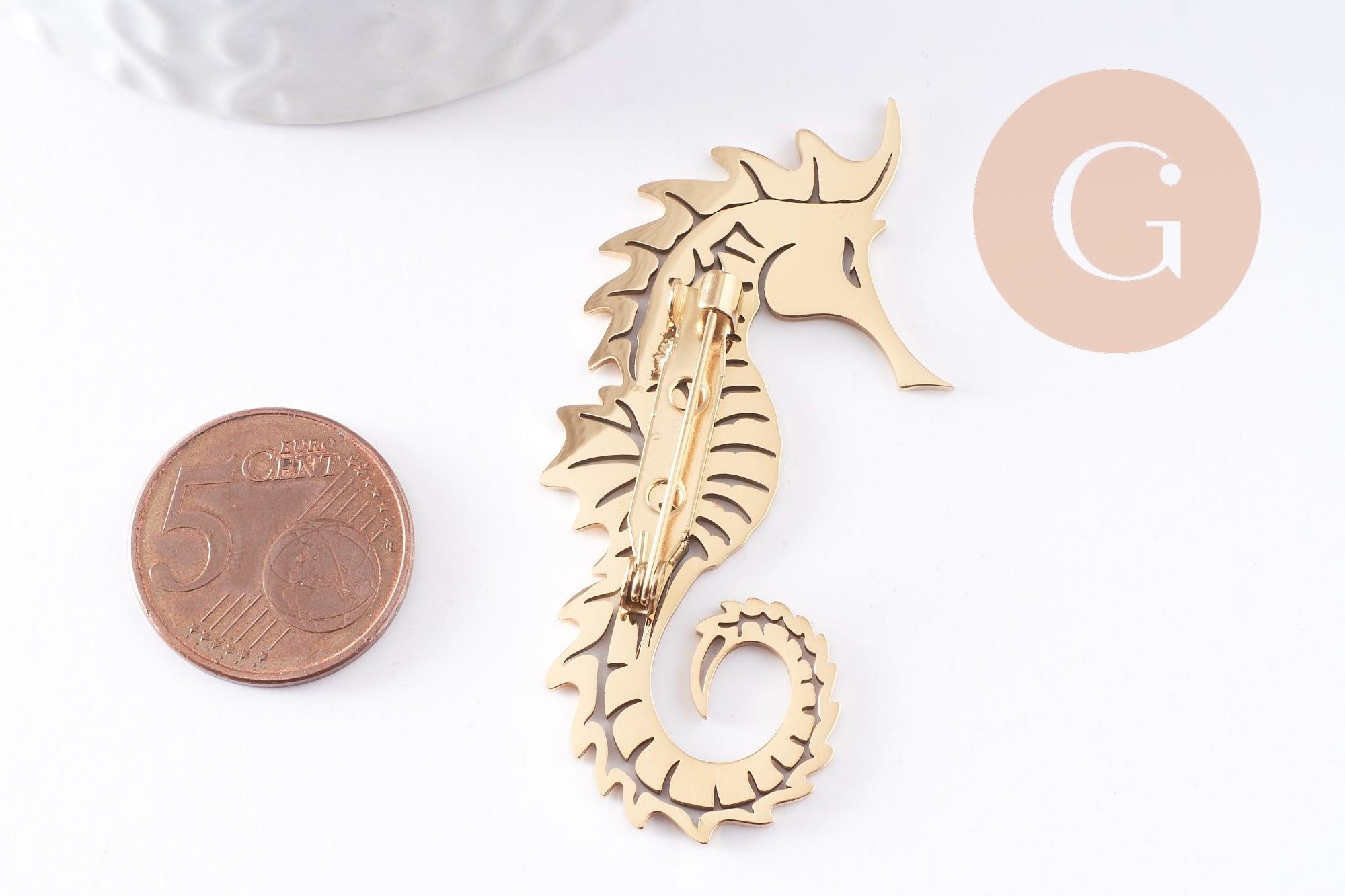 Gingerlily broche hippocampe acier doré 60mm x1