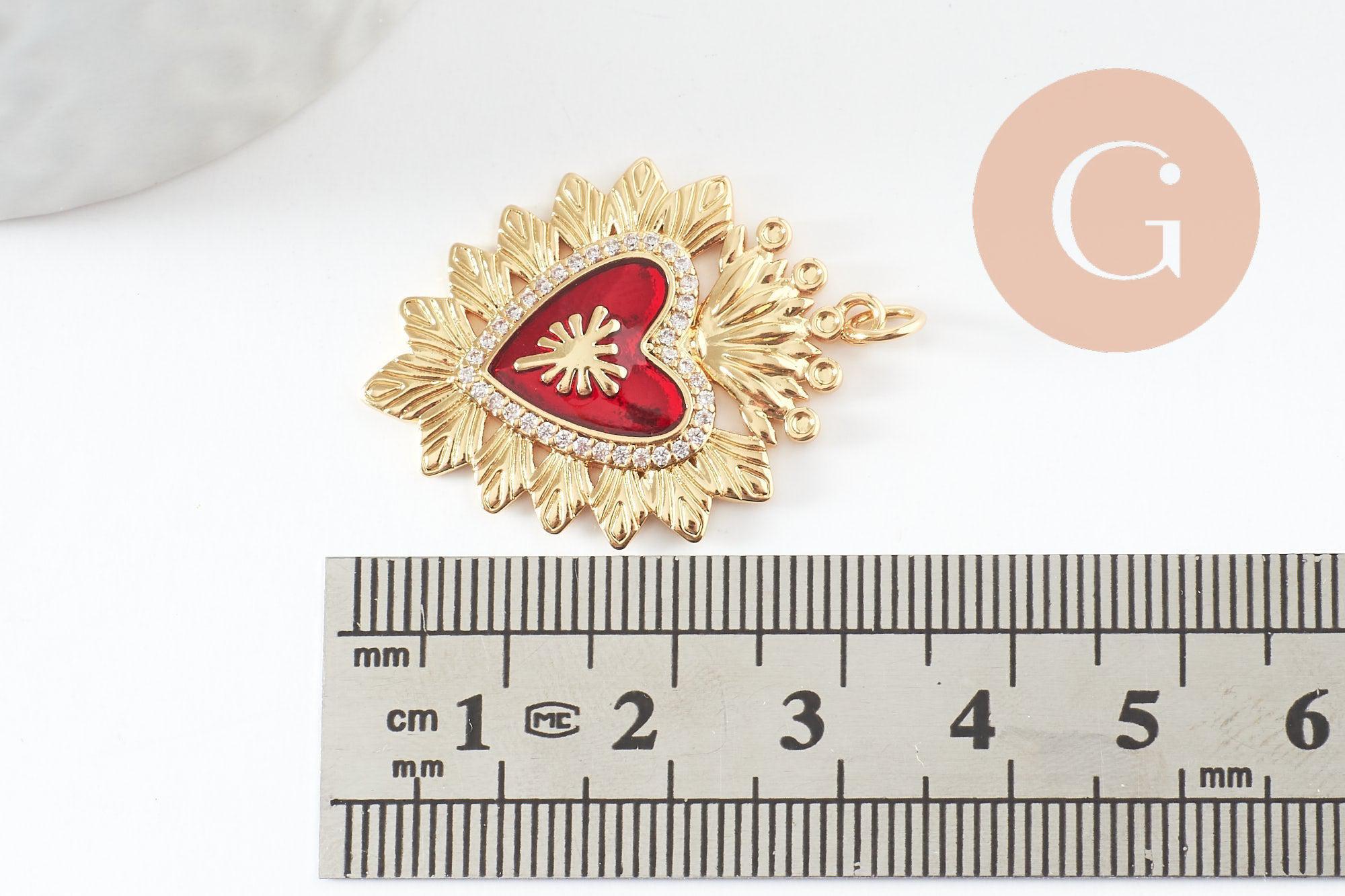 Gingerlily Pendentif cœur ex-voto 32mm émail rouge zircon x1