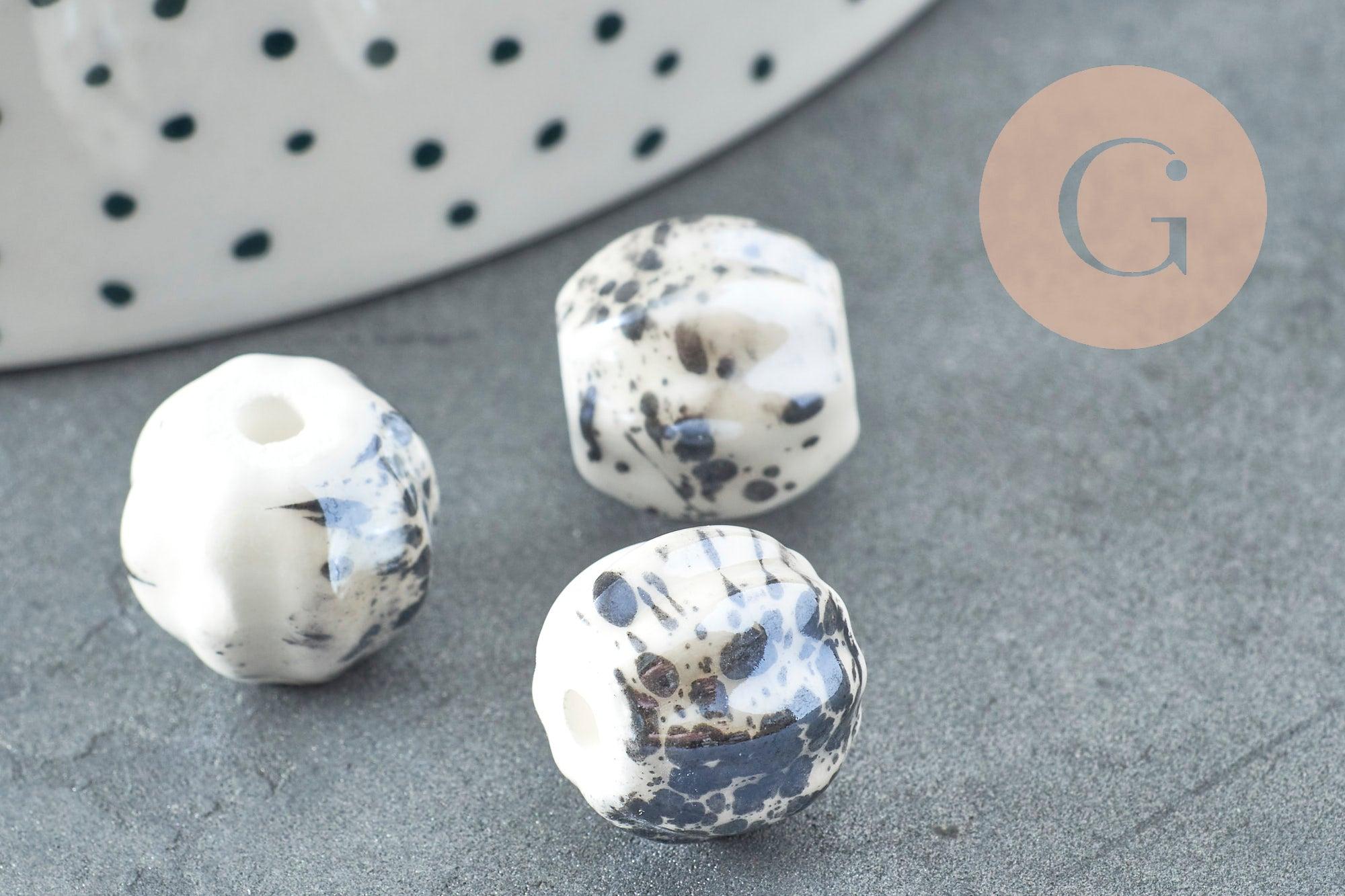 Gingerlily Perles DIY G9446 porcelaine blanche 13mm taches noires x10