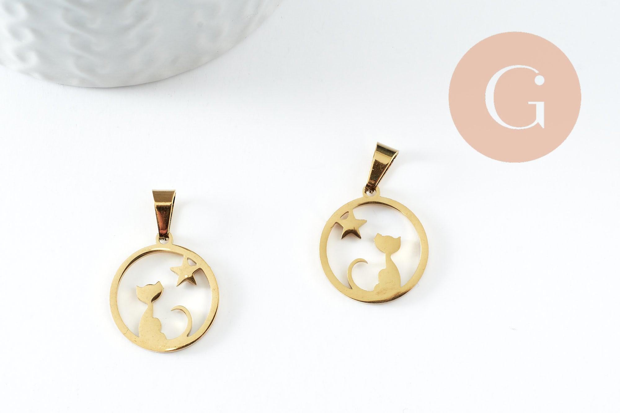 Gingerlily Pendentif DIY G9859 chat étoile acier doré 19mm x1