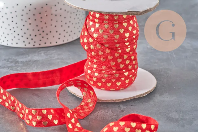 Gingerlily Cordons ruban élastique rouge coeurs or 16mm 1m