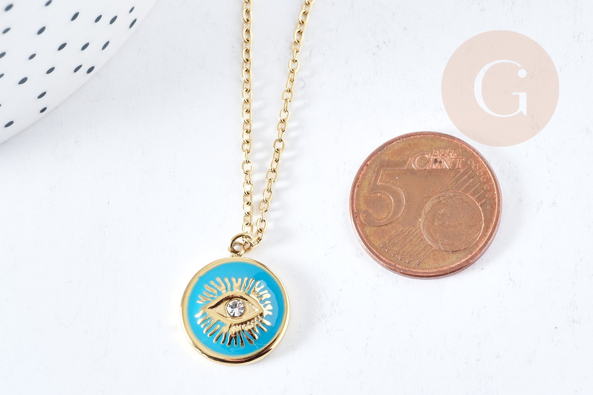 Gingerlily Collier médaille œil turquoise 45cm doré