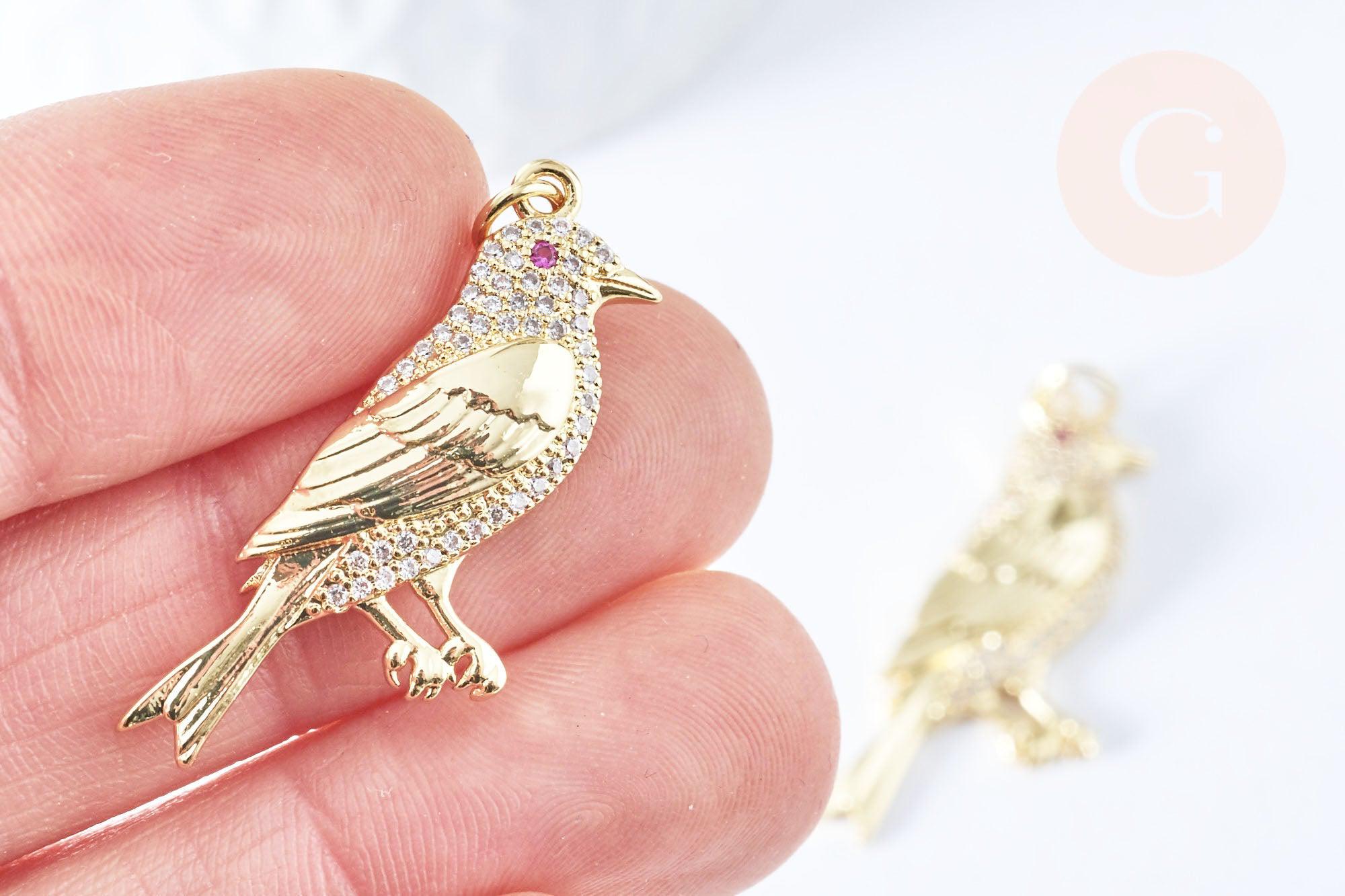 Gingerlily Perles G6675 pendentif oiseau 36mm laiton doré zircon
