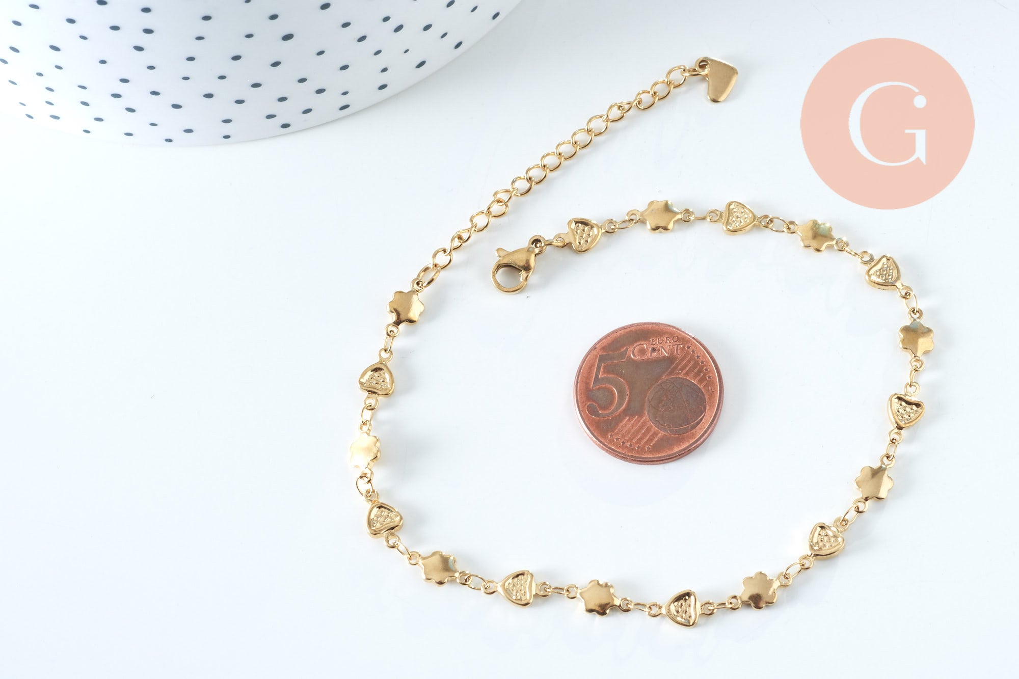 Gingerlily G6233 bracelet cœur fleur acier doré 21cm réglable