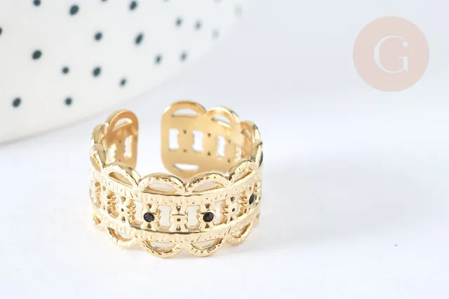 Gingerlily Perles G7040 bague chevron acier doré émail noir 54