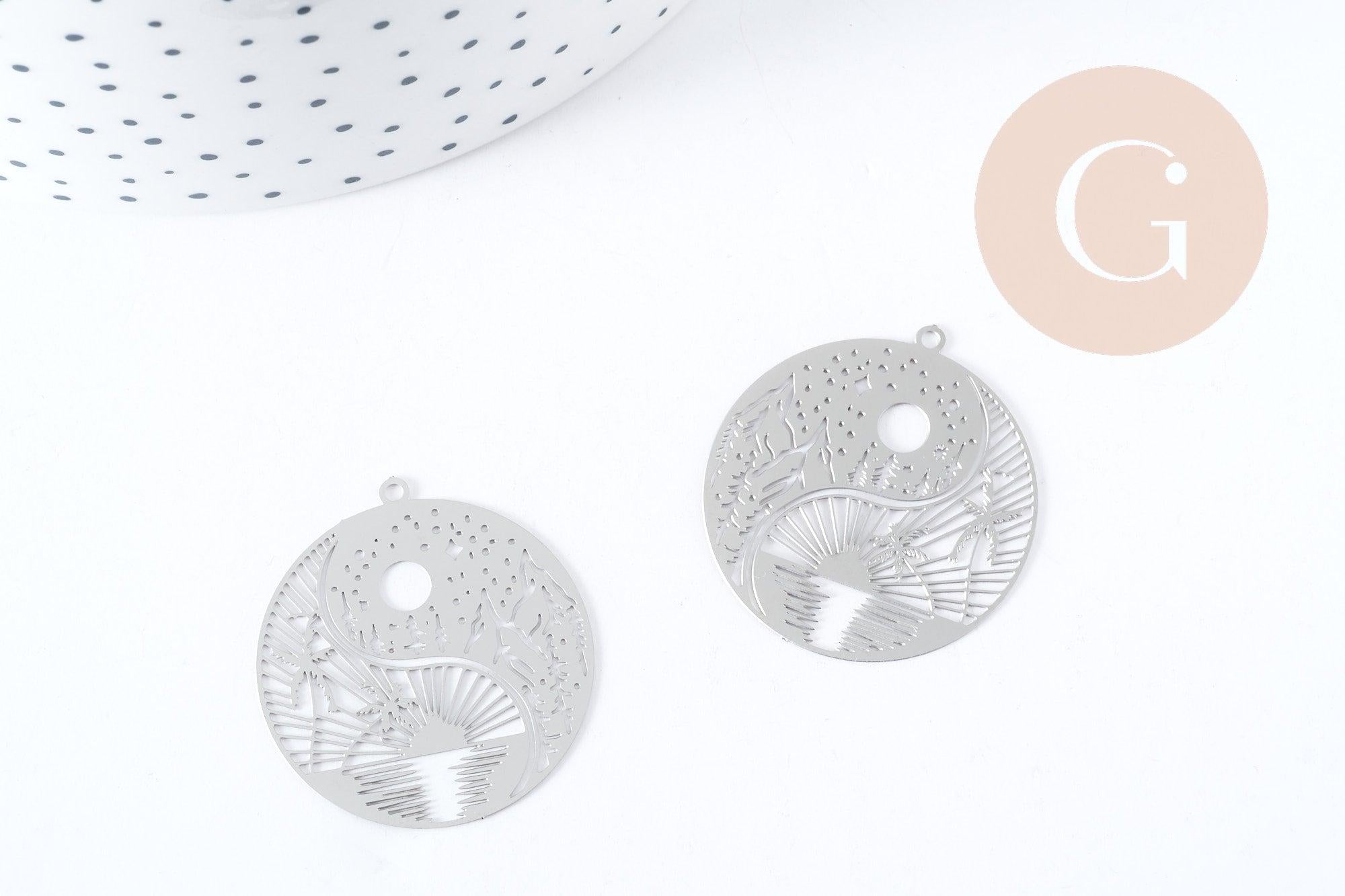 Gingerlily Perles G8937 pendentif estampe filigrane rond 32mm acier