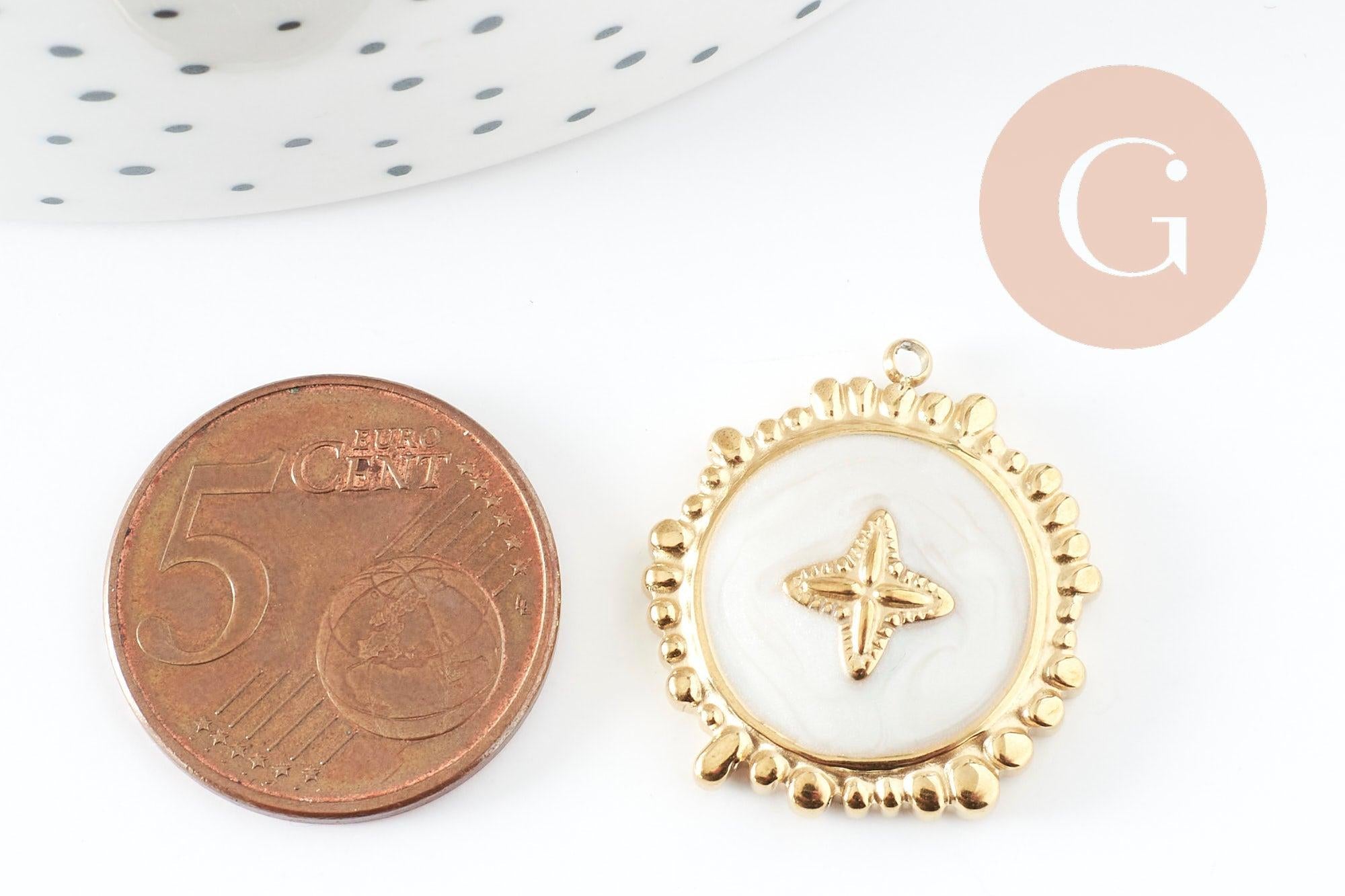 Gingerlily Pendentif rond fleur acier doré résine 23mm