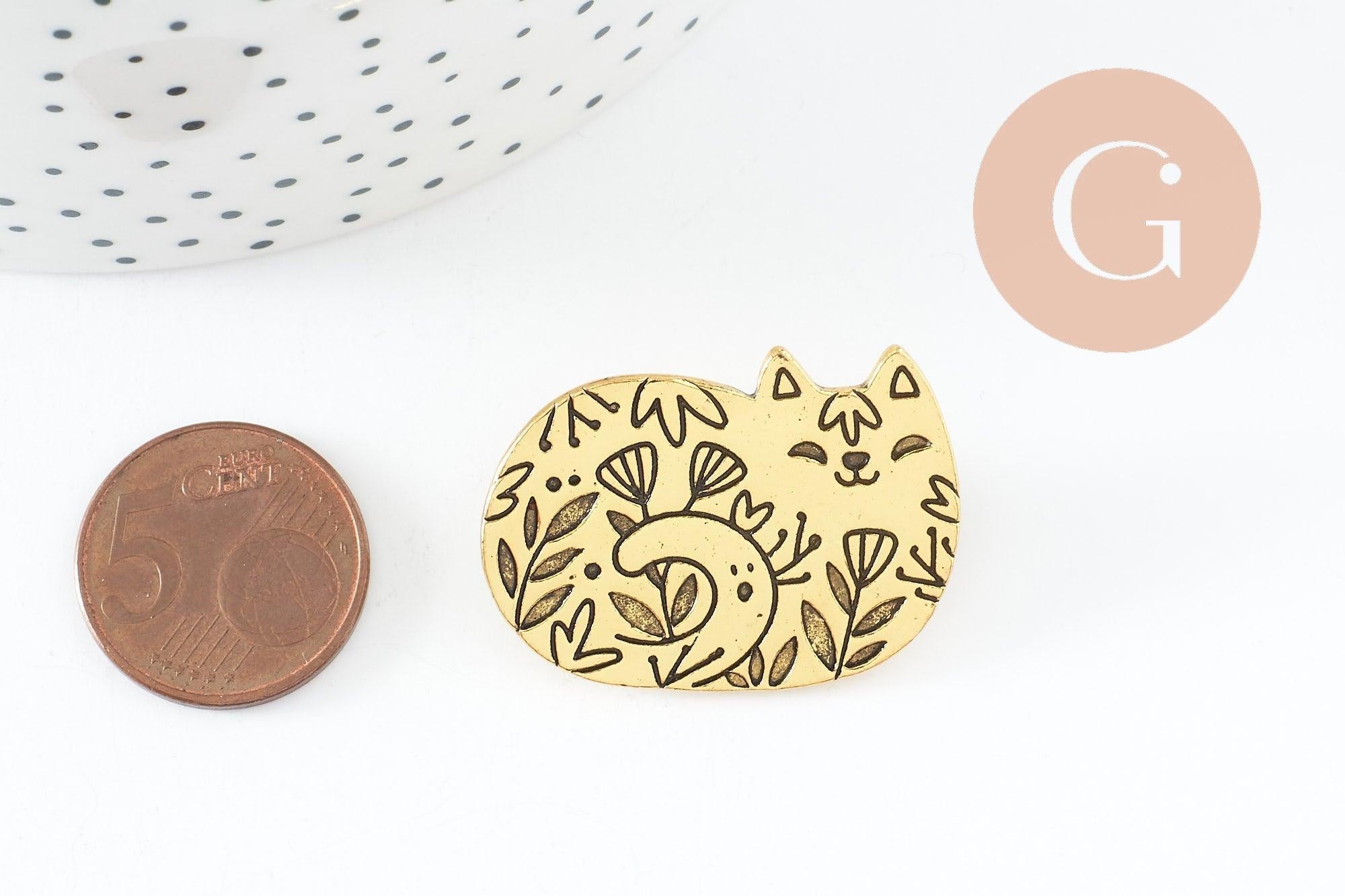 Gingerlily Broche G9786 chat gravé acier doré 34mm x1