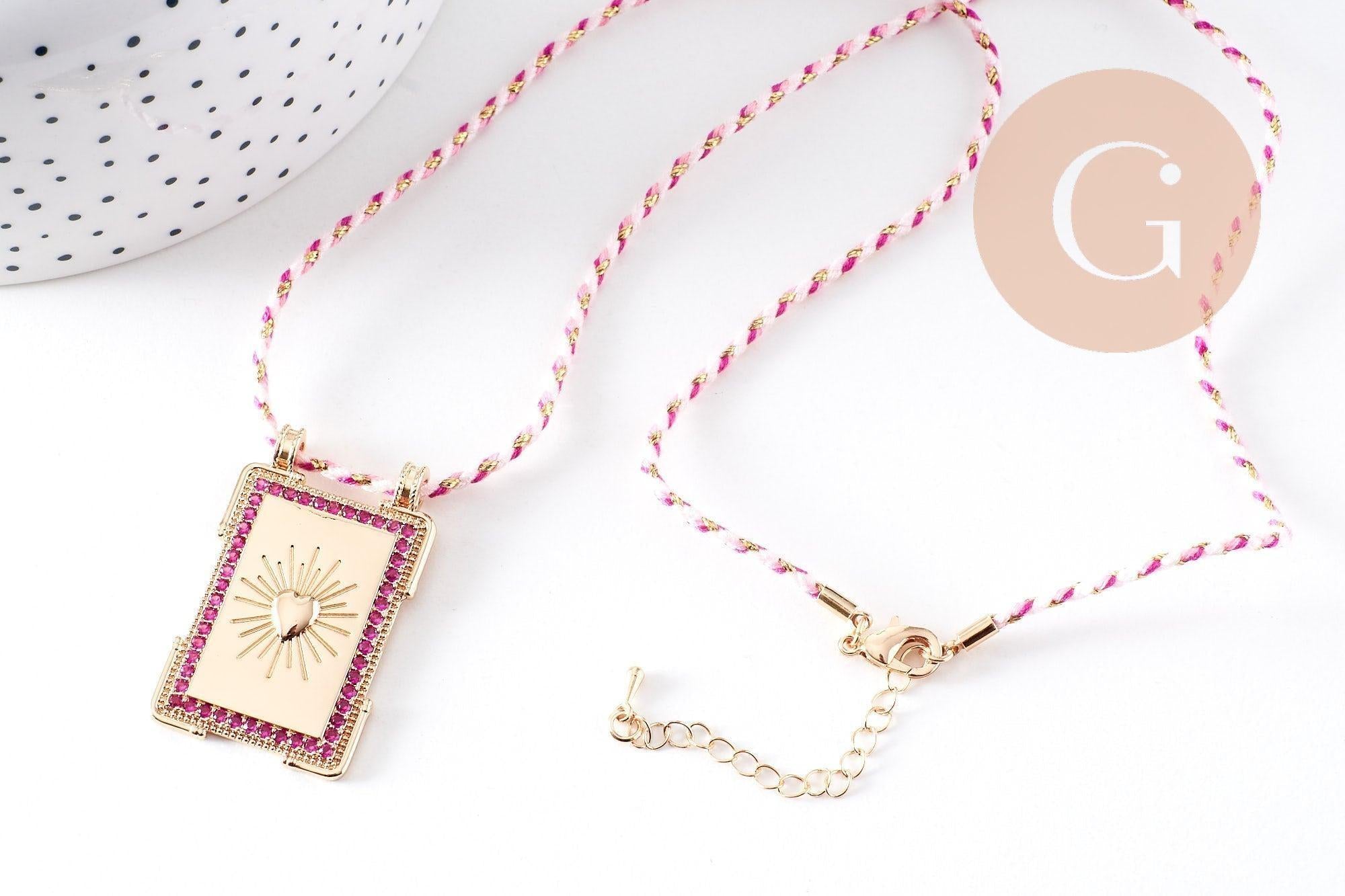 Gingerlily Collier médaille cœurs zircons fuchsia 45 cm