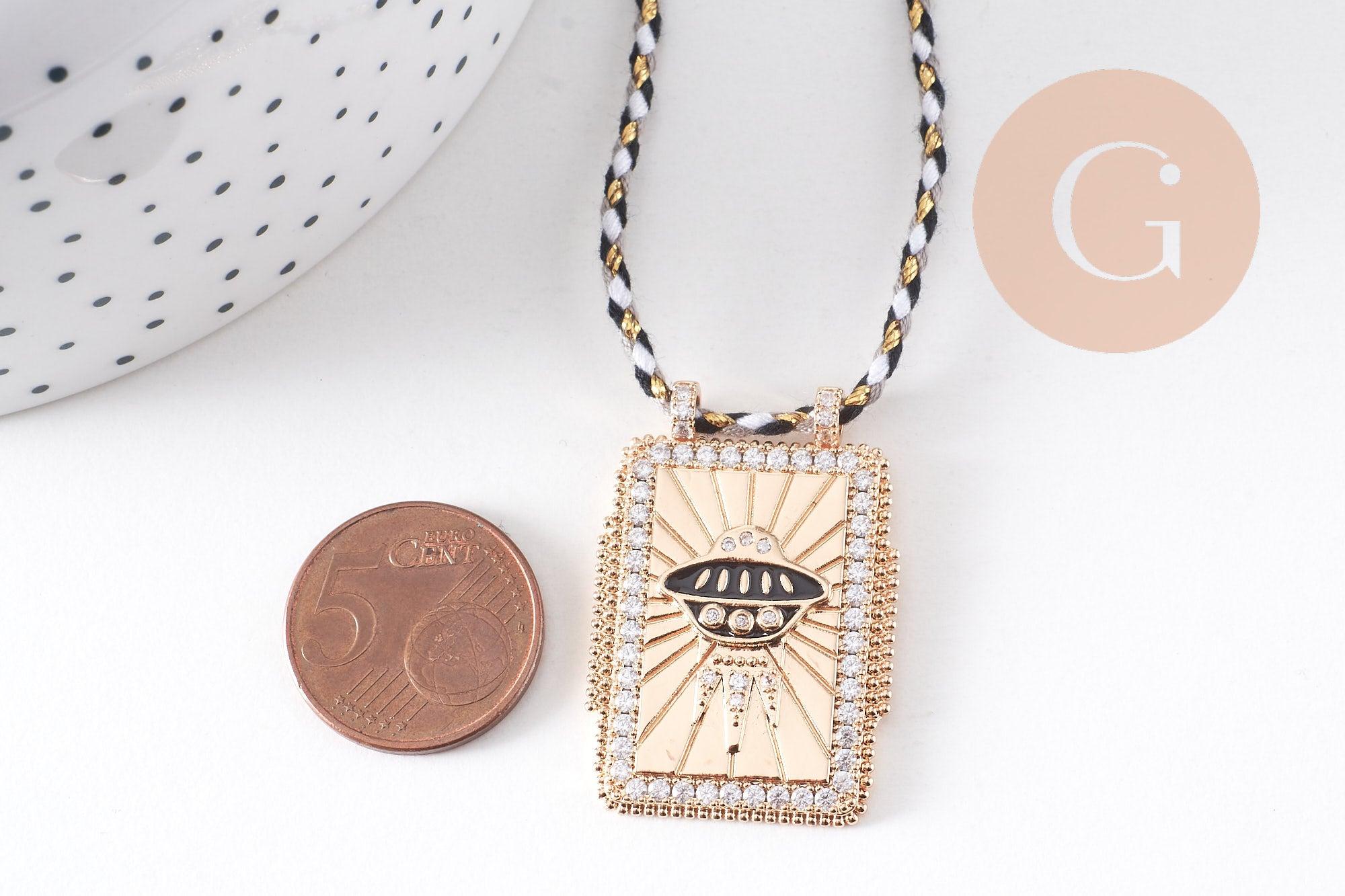Gingerlily Collier médaille soucoupe volante émail noir 45cm doré