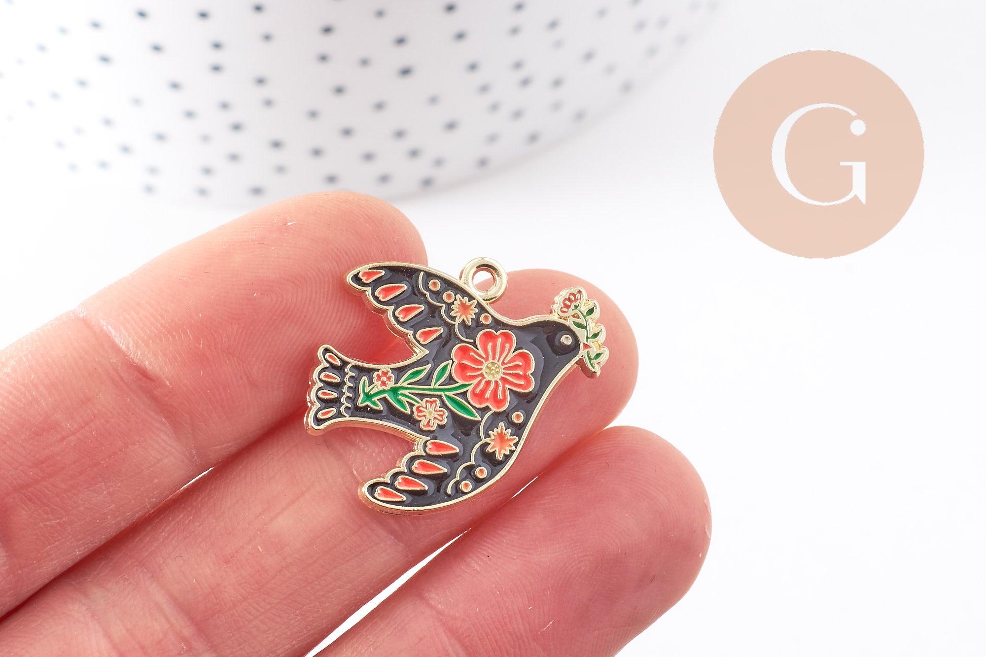 Gingerlily Pendentif colombe noir fleurs doré 26mm x2 G10157