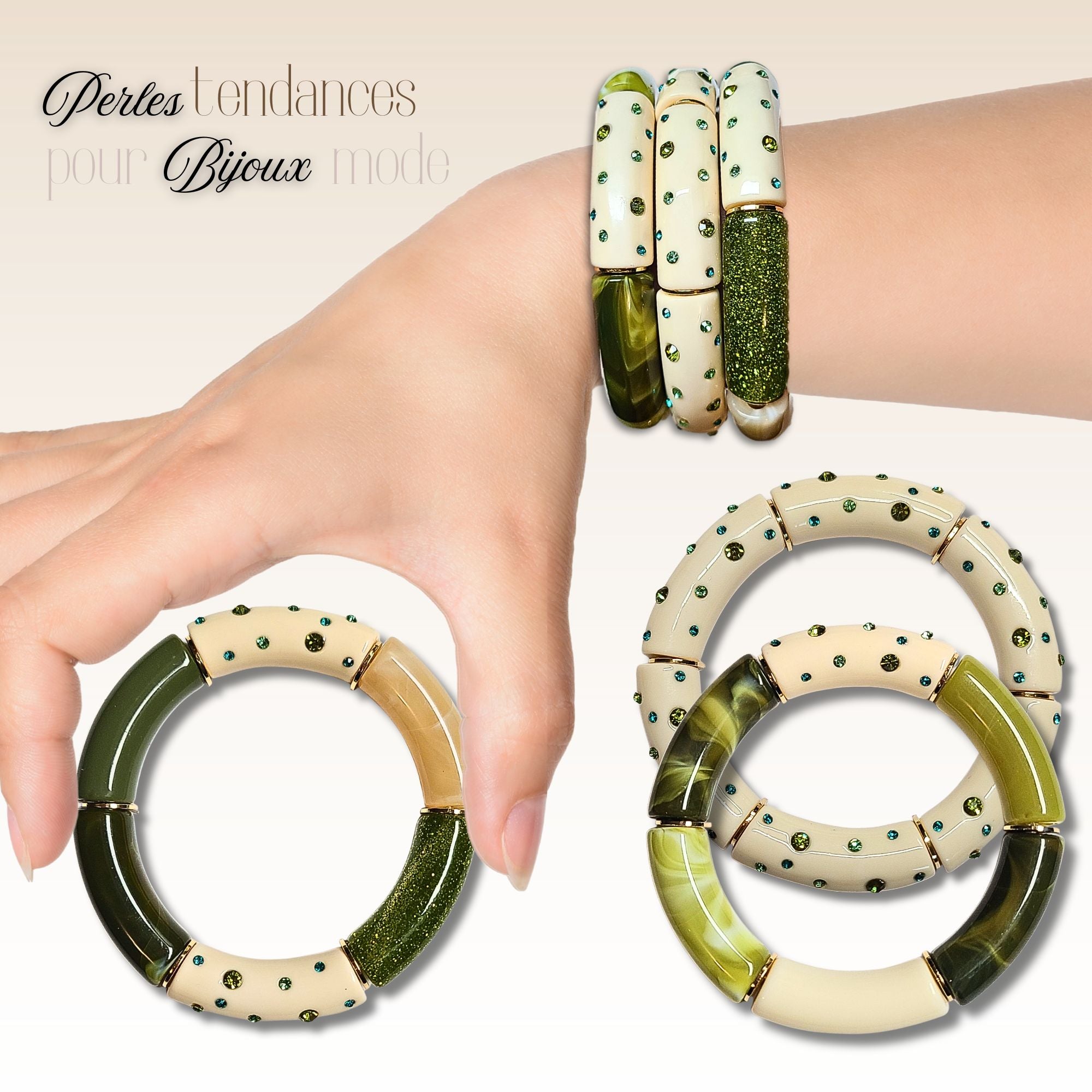 ARTSHOP Strass & Émaillés 424 tube incurvé ivoire émeraude 12mm