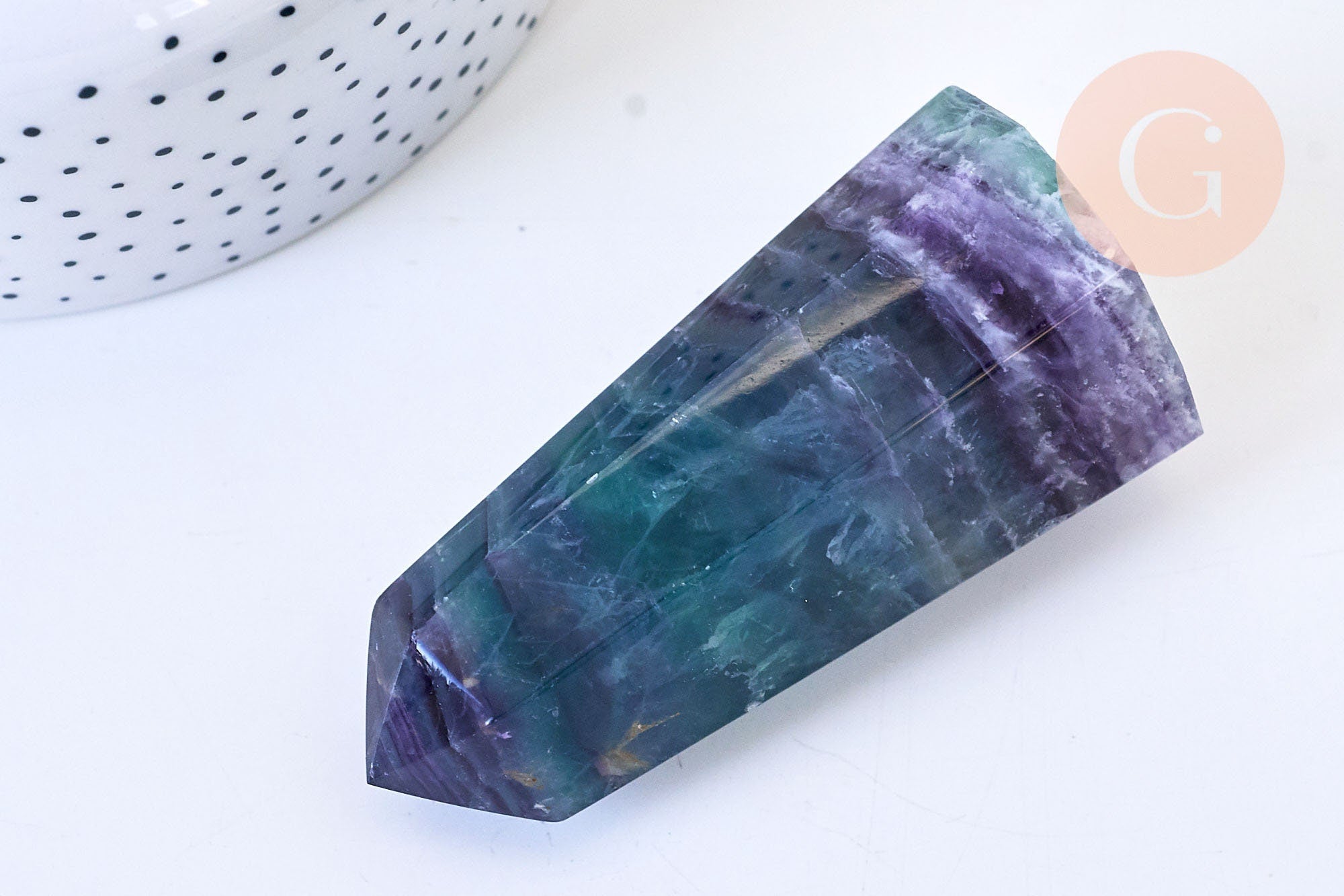 Gingerlily Pointe fluorite naturelle lithothérapie 8,6 cm