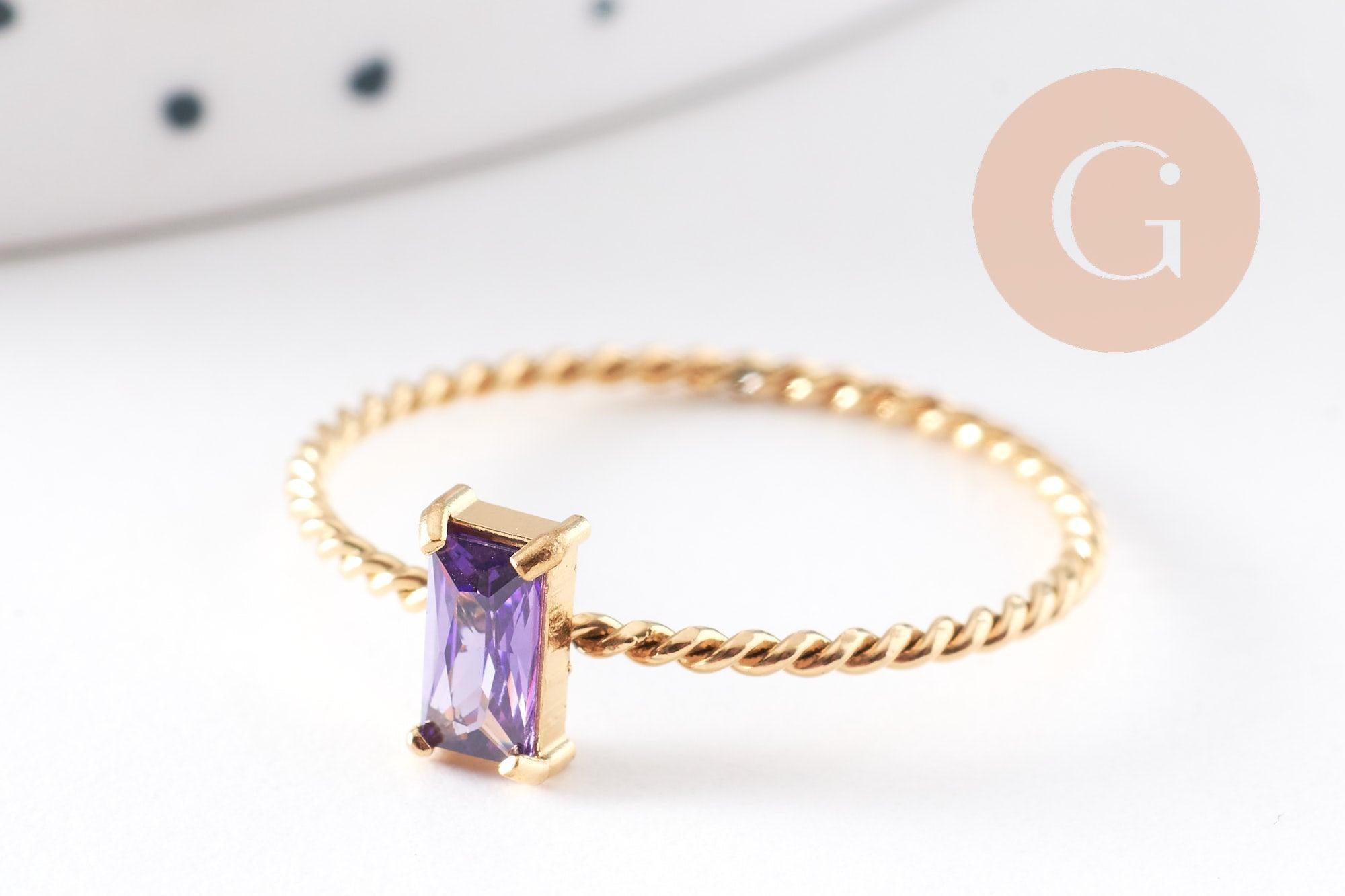 Gingerlily Bague solitaire zircon violet bague acier doré taille 8