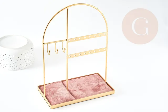 Gingerlily Présentoir à bijoux laiton doré velours vieux rose