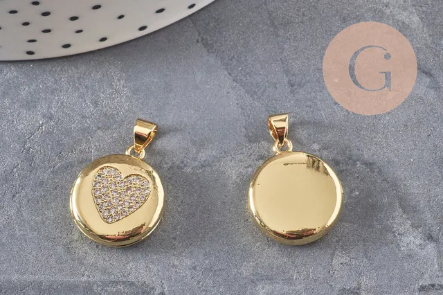 Gingerlily Pendentifs G11137 locket rond doré coeur zircons 23mm x1