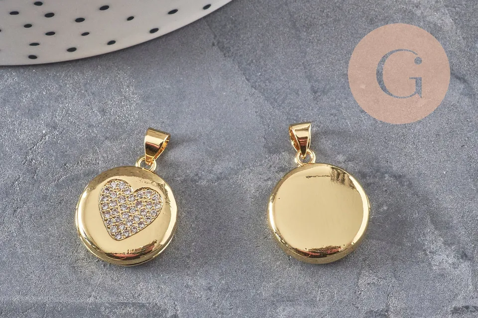 Gingerlily Pendentifs G11137 locket rond doré coeur zircons 23mm x1