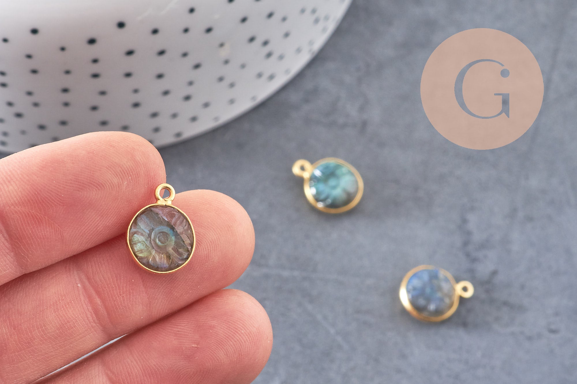 Gingerlily Pendentif labradorite G10842 rond argent 925 doré 13mm