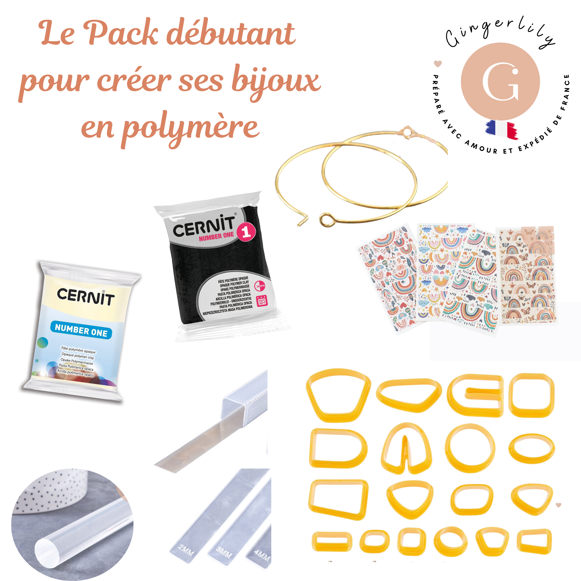Gingerlily Kits DIY G10840 kit pâte polymère boucles Blanc Or