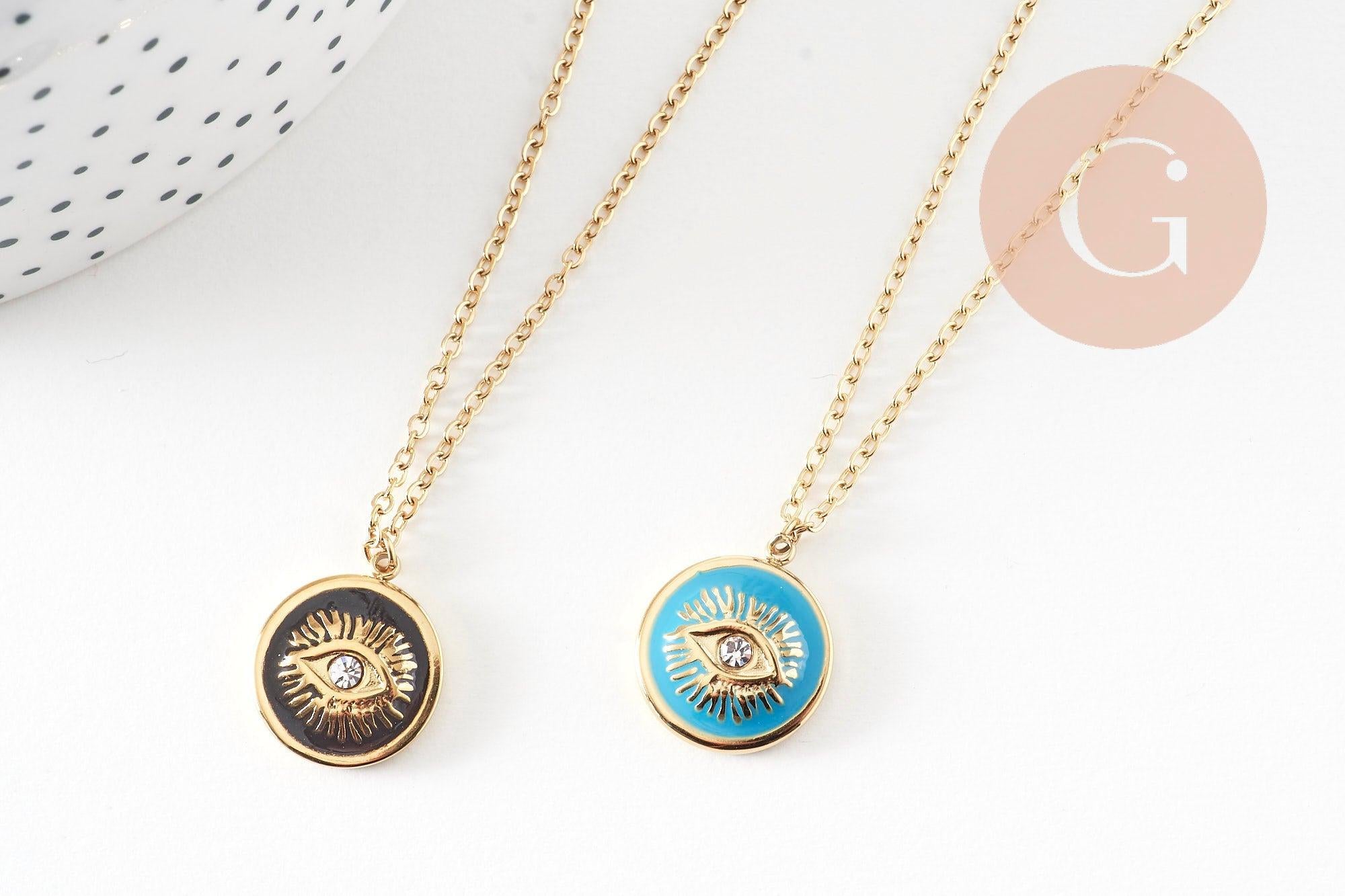 Gingerlily Collier médaille œil turquoise 45cm doré