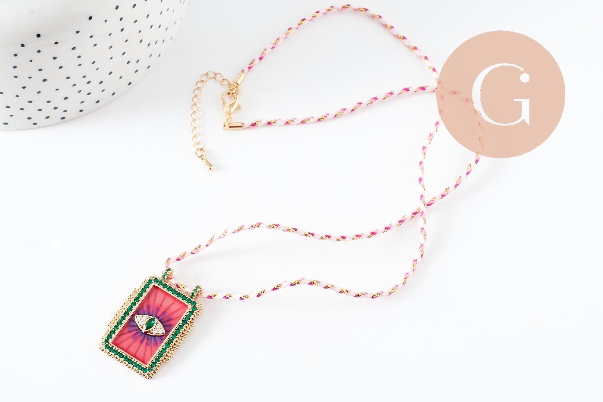 Gingerlily G9569 collier cordon médaille oeil rose vert 45cm