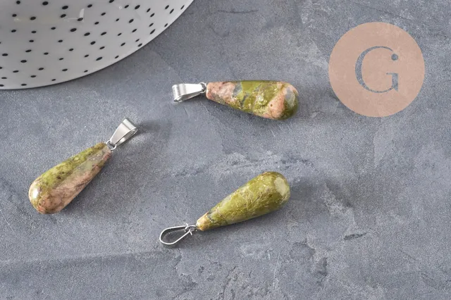 Gingerlily pendentif goutte unakite verte 28mm acier pierre DIY