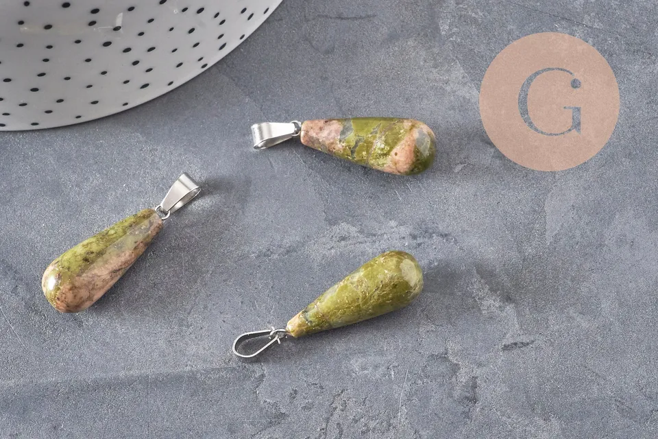 Gingerlily pendentif goutte unakite verte 28mm acier pierre DIY