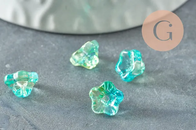 Gingerlily Perles fleur G9836 verre bleu vert 8,5mm x10