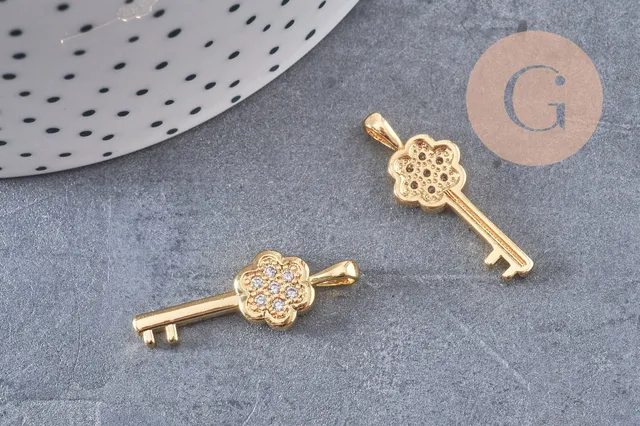 Gingerlily Pendentif clef laiton doré zircon 28.5mm breloque x1