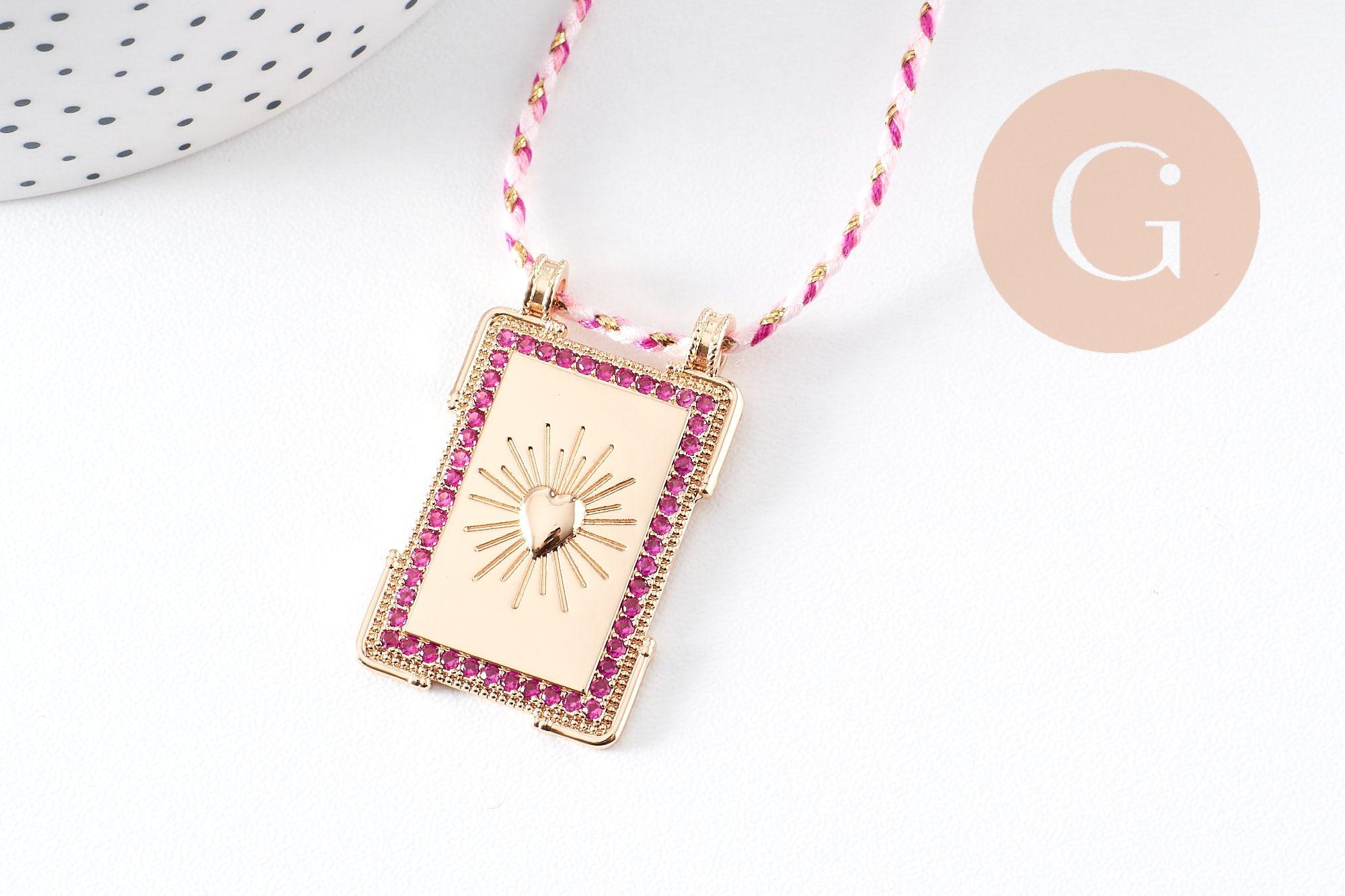 Gingerlily Collier médaille cœurs zircons fuchsia 45 cm