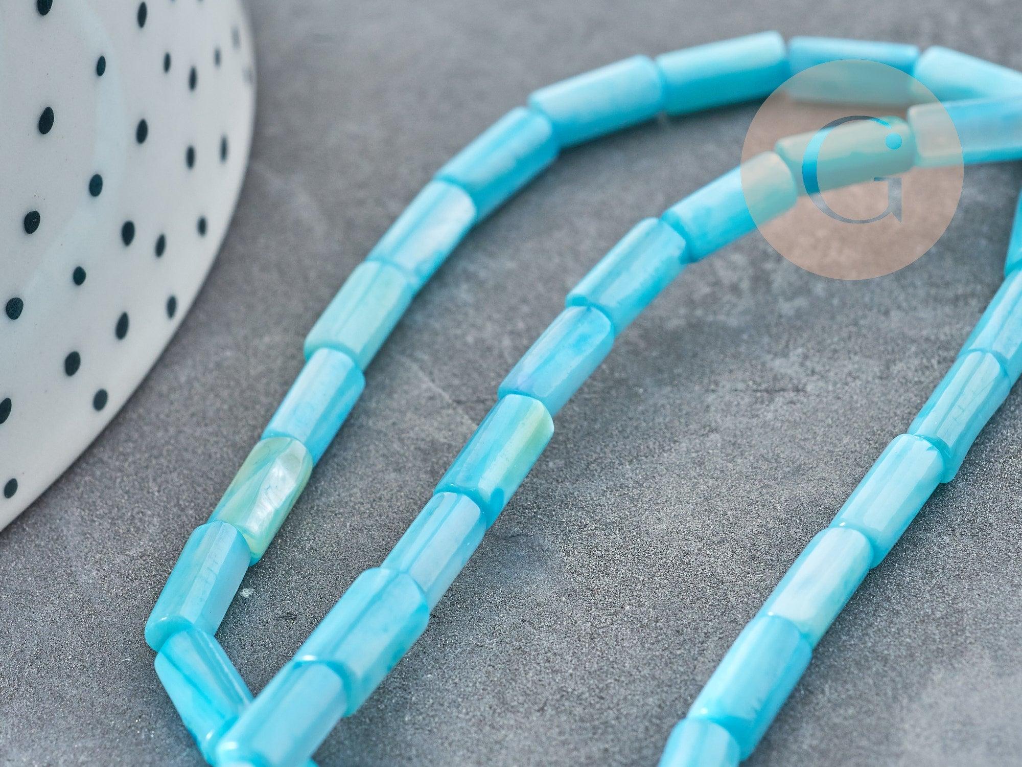 Gingerlily perles tube nacre bleue 8x4mm fil 38cm