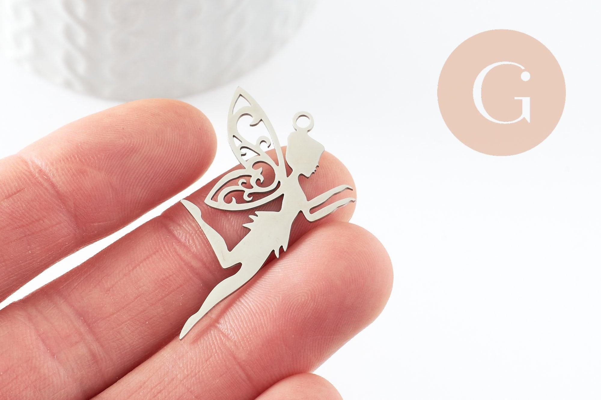 Gingerlily fée ange G9803 pendentif acier platine 41mm x1