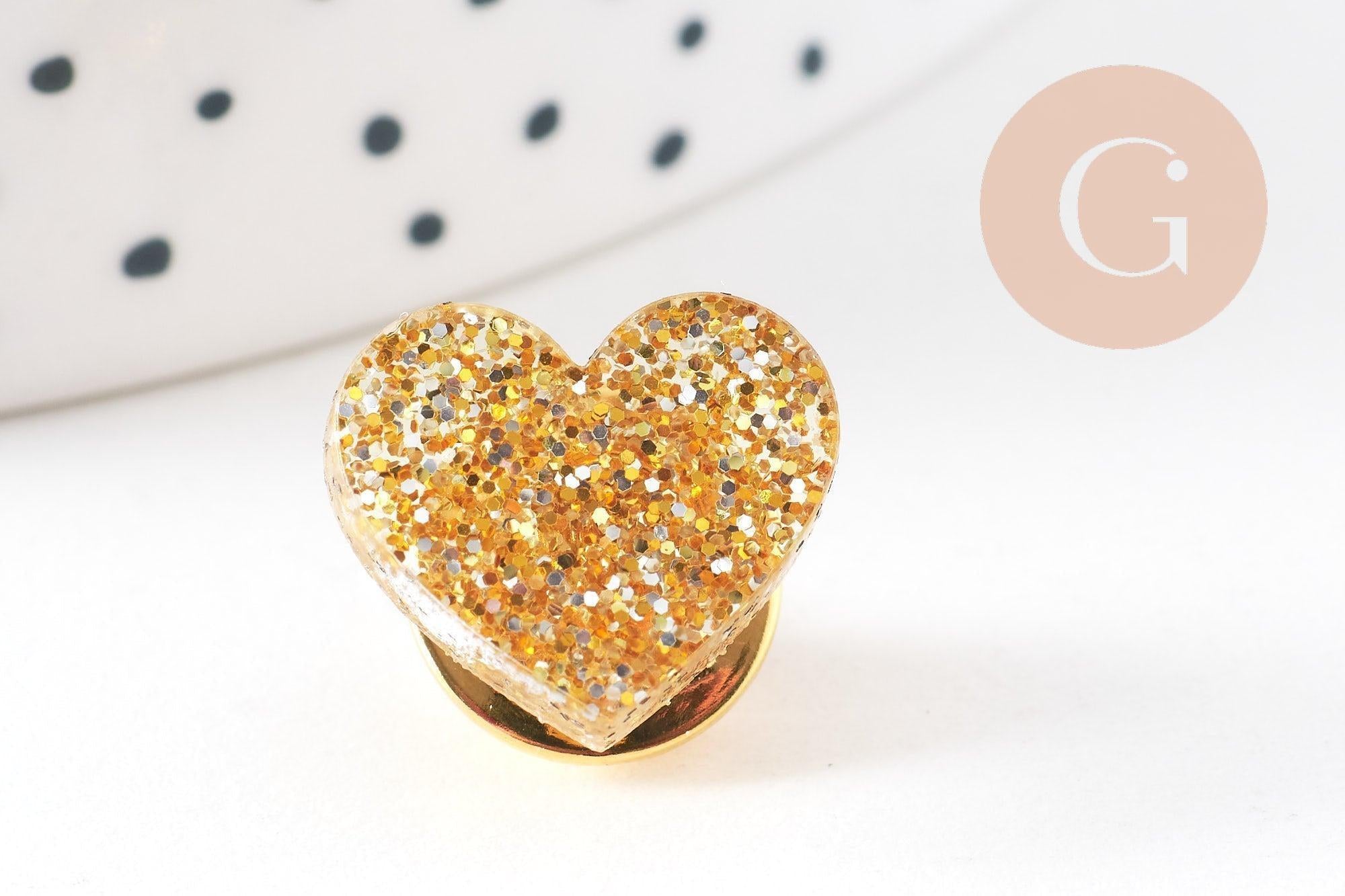 Gingerlily Broche pins coeur plexiglas doré paillettes 20mm