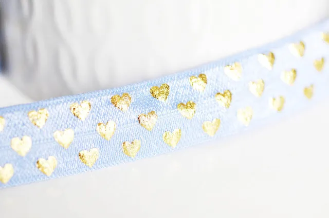 Gingerlily Ruban Élastique Bleu Cœurs Or 16mm 1 mètre