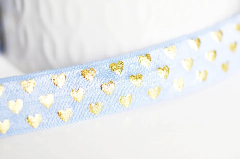 Gingerlily Ruban Élastique Bleu Cœurs Or 16mm 1 mètre