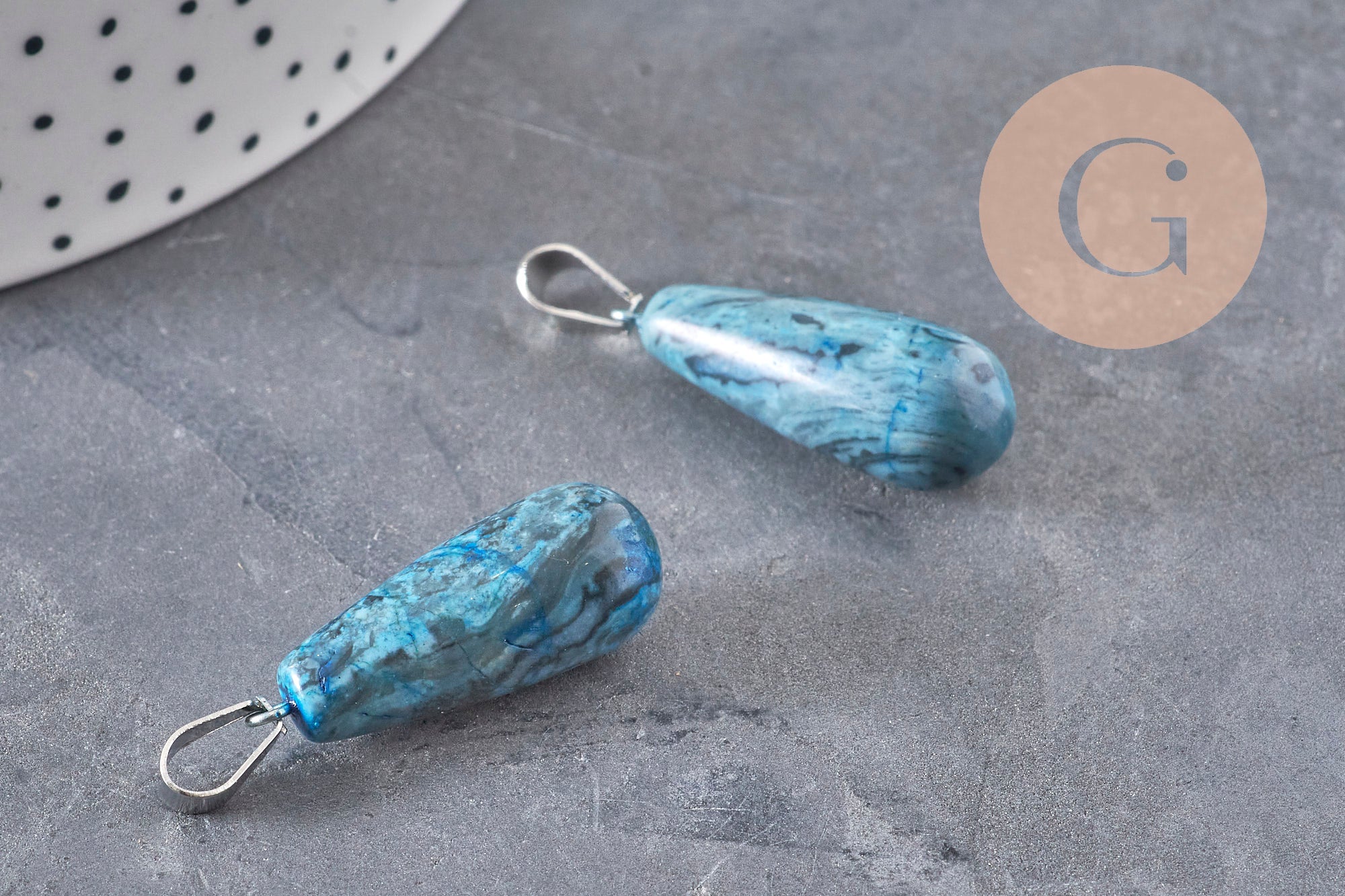 Gingerlily Perles G11117 pendentif goutte agate bleue 28mm acier