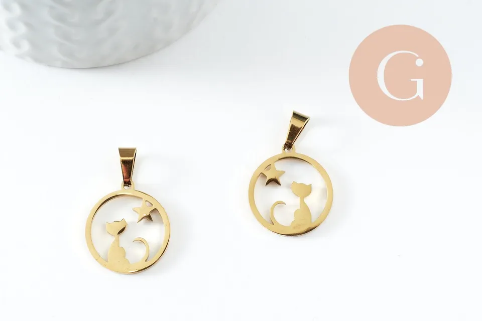 Gingerlily Pendentif DIY G9859 chat étoile acier doré 19mm x1