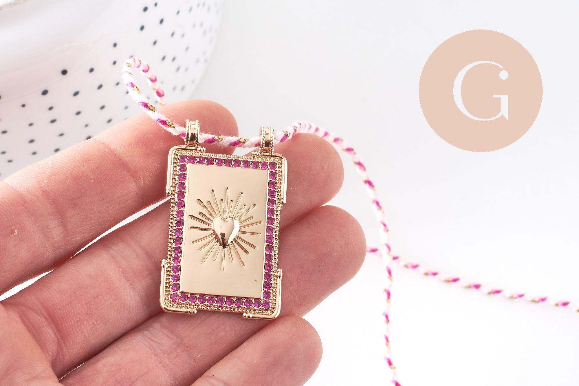 Gingerlily Collier médaille cœurs zircons fuchsia 45 cm