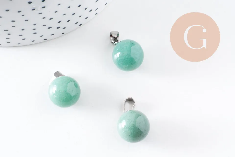 Gingerlily Pendentif rond aventurine verte 17mm acier platine