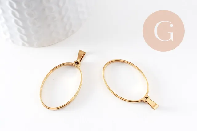 Gingerlily Perles Pendentif Ovale Acier Doré 35mm x1 résine