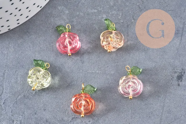 Gingerlily Pendentifs Breloque Fleur Rose Verre Doré 21.5mm x5